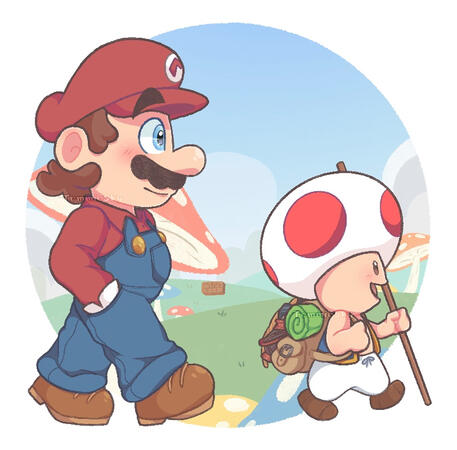 A simple illustration of The Mario Bros. Movie of Mario and Toad.