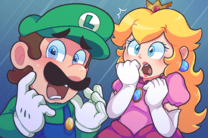 Oh no! A screenshot redraw of Luigi and Princess Peach from the Mario + Rabbids : Sparks of Hope trailer.