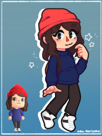 A character illustration of my avatar in Animal Crossing New Horizons.