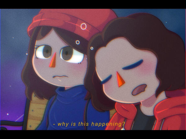 An anime-like screenshot drawing of me and my boyfriend’s New Horizon Avatar.